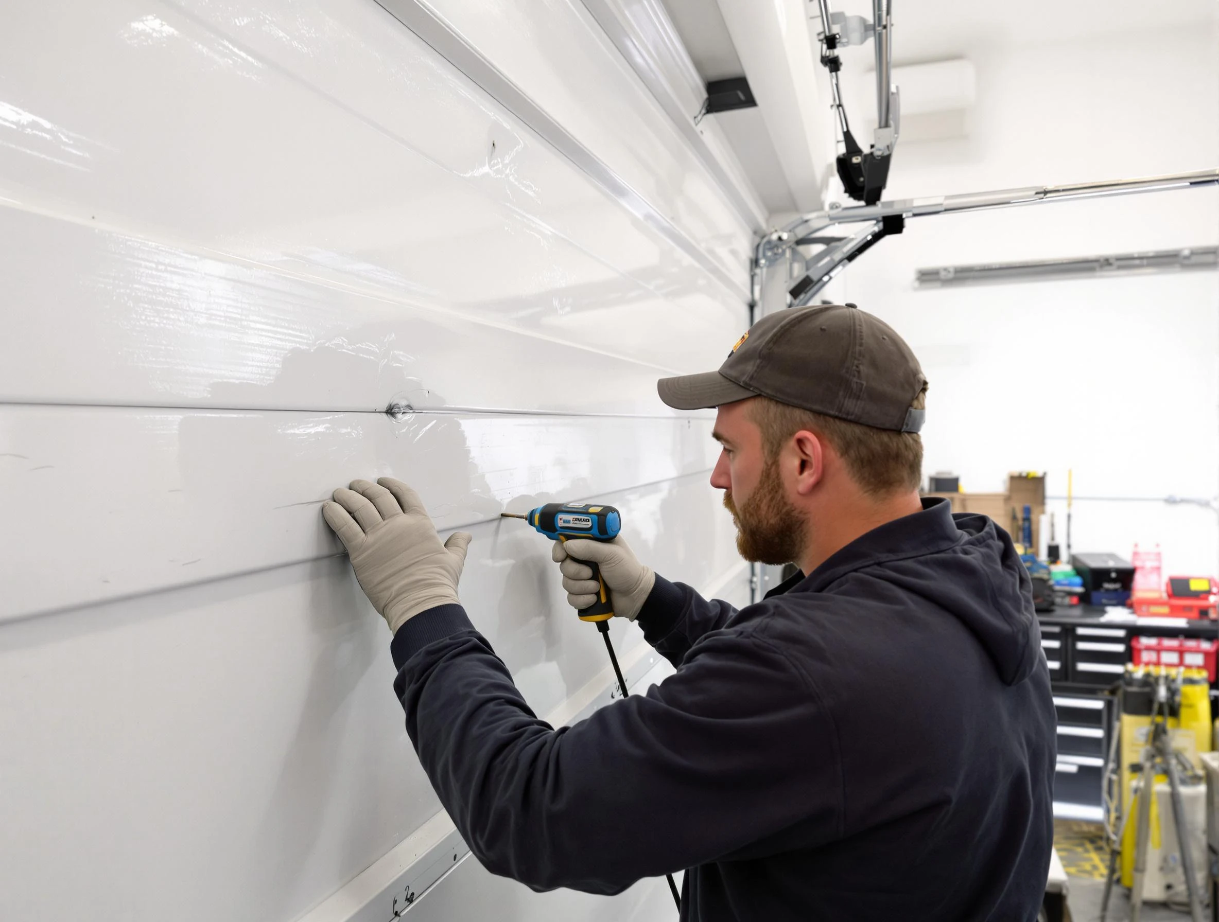 North Valley Garage Door Repair technician demonstrating precision dent removal techniques on a North Valley garage door